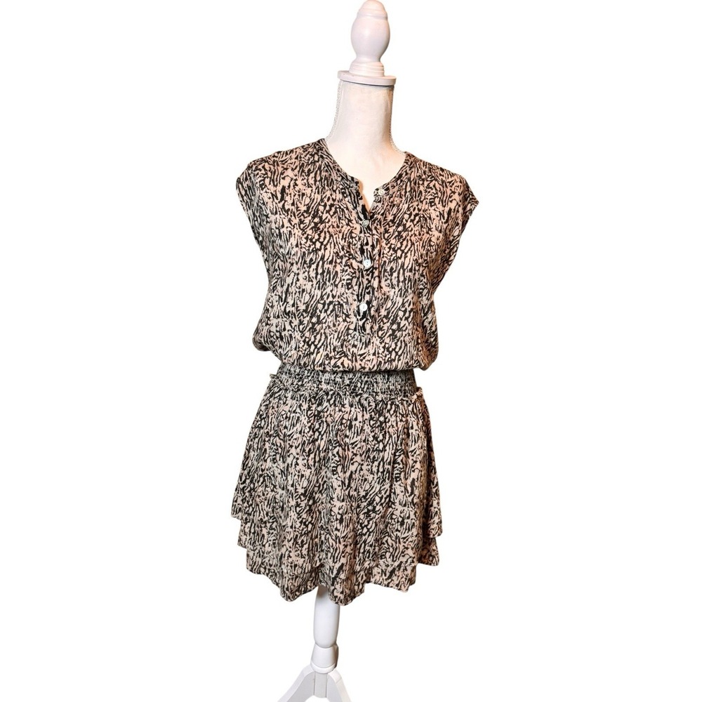 Rails Angelina Tan Abstract Texture Smocked Waist Mini Dress Small Button Front‎